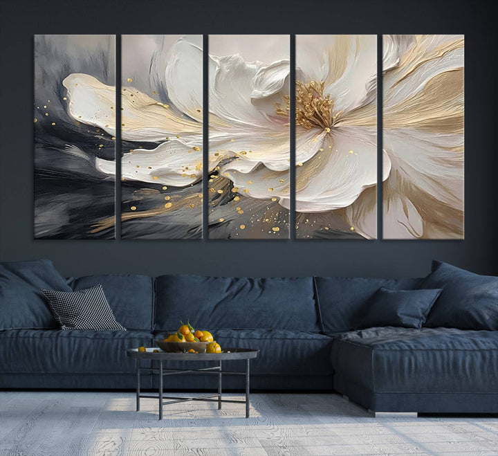 The abstract floral wall art canvas print features a large flower with gold accents.