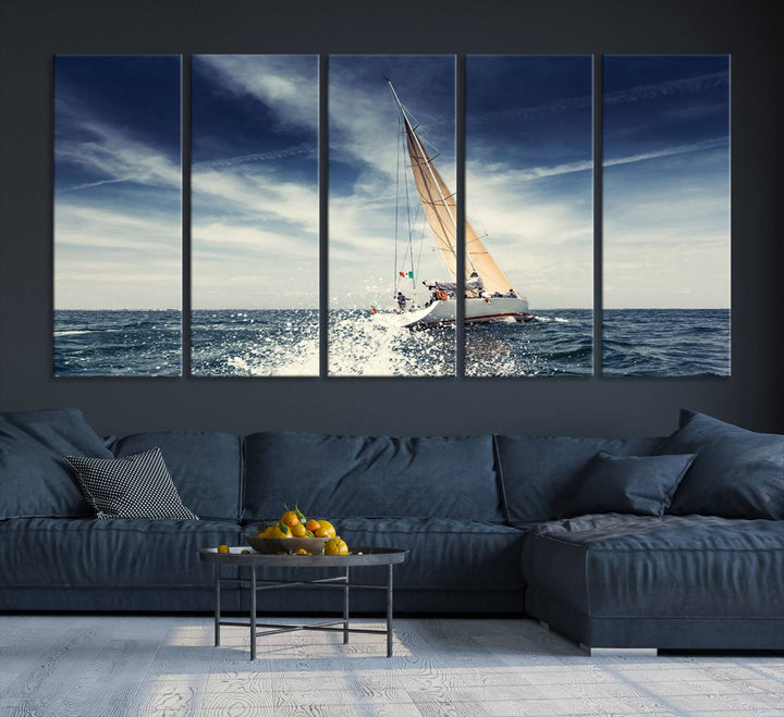 Sailboat Ocean Beach Blue Sky Wall Art Canvas Print