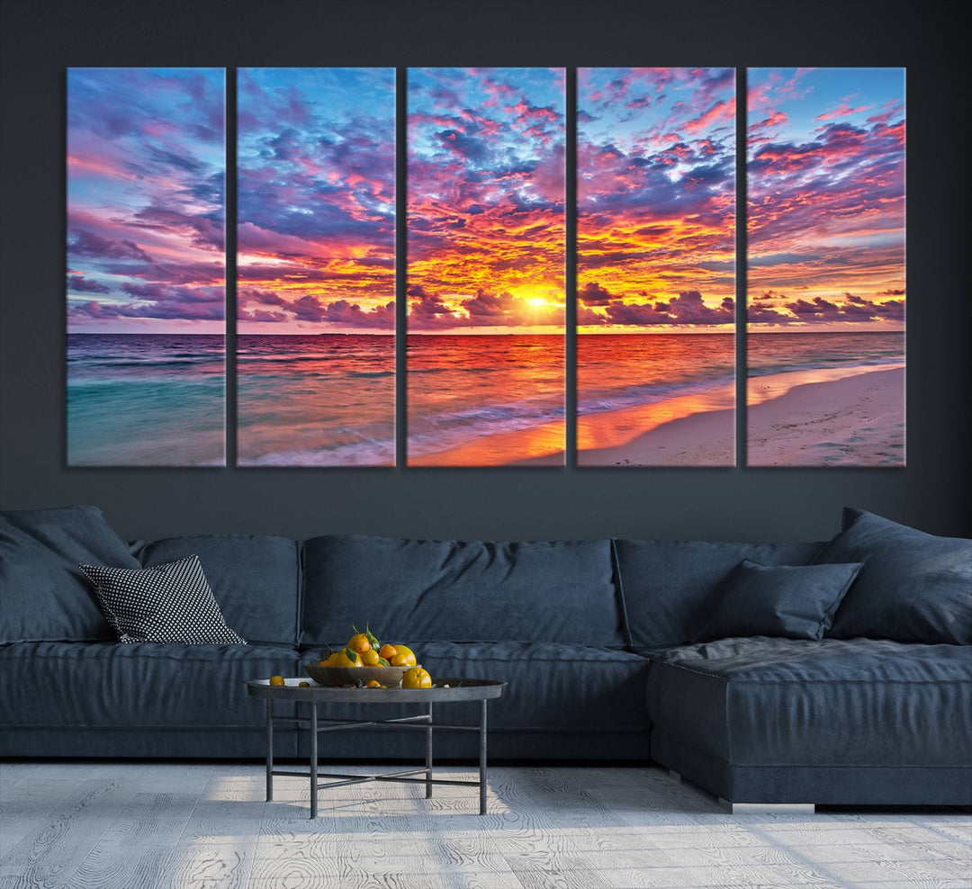 Vibrant Sunset Beach Wall Art | Ocean Sunset Canvas Print | Coastal Wall Art Decor | Ready to Hang | Stunning Sunset Scene for Home or Office Decor