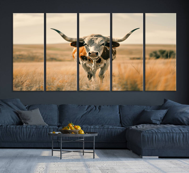 The Texas Cow Longhorn Wall Art Canvas adds rustic charm to the decor.