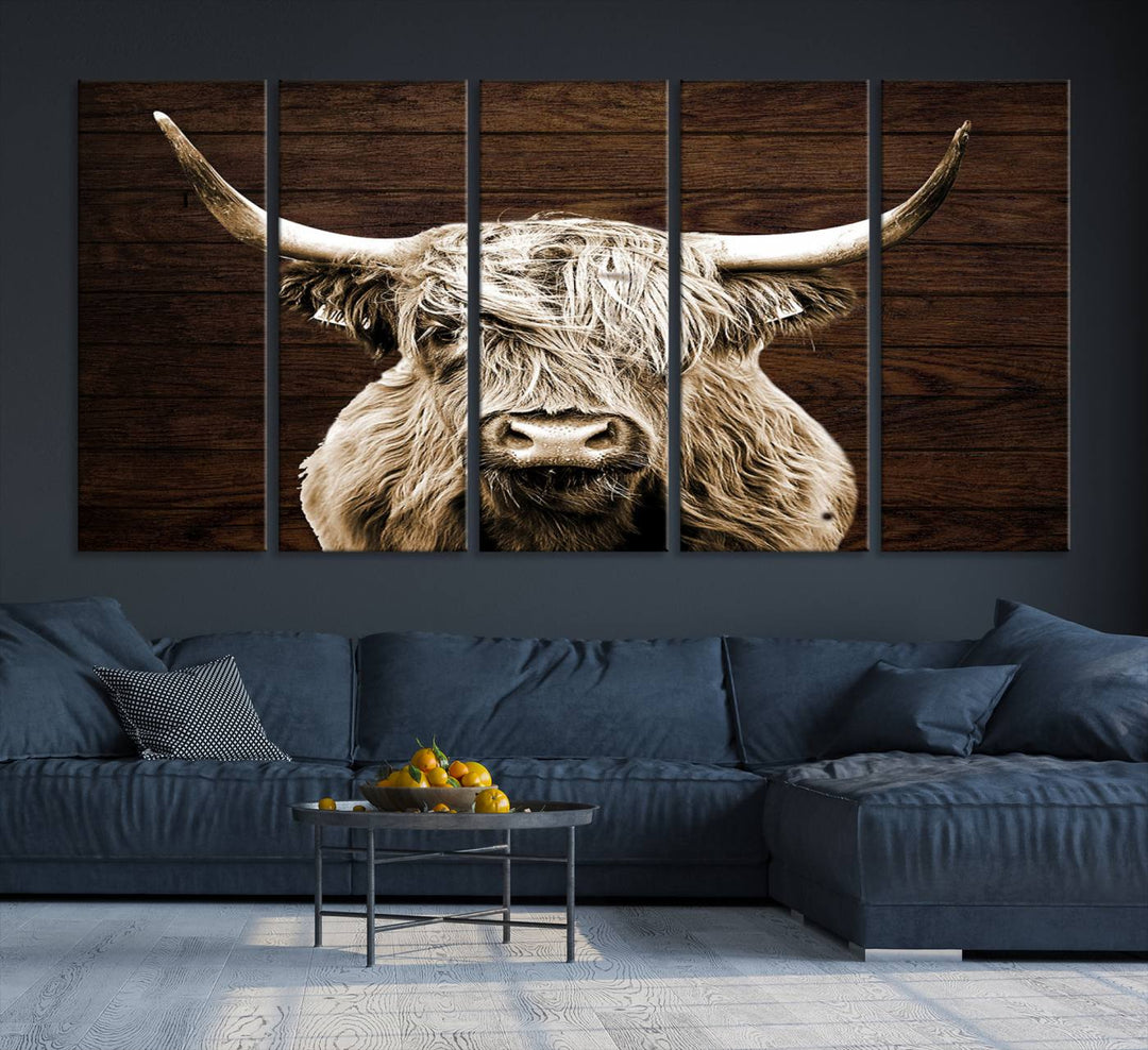 Highland Cow Wall Art Canvas Print: Majestic Scottish bull on rustic decor, ready to hang.