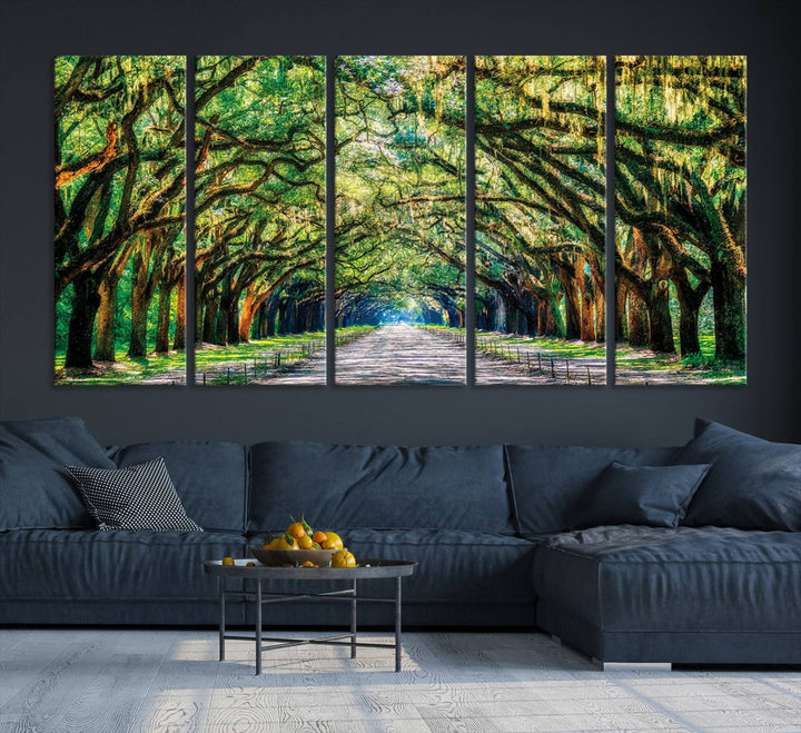 Serene Tree Tunnel Wall Art Canvas Print – Pathway Under Canopy of Lush Green Trees, Nature-Inspired Decor for Living Room – Ready to Hang