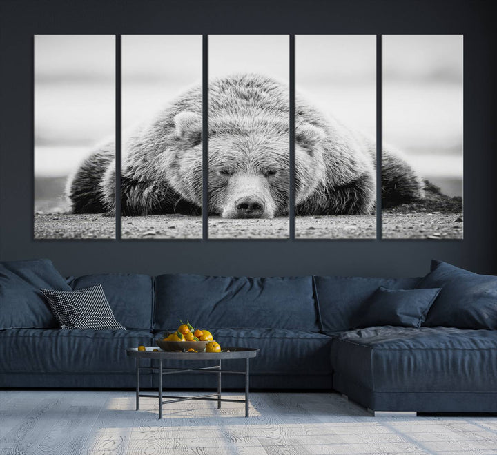 Resting Grizzly Bear wall art displayed in a modern room.