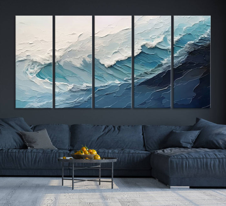 The Blue Abstract Wave Ocean Wall Art Canvas Print hangs prominently.