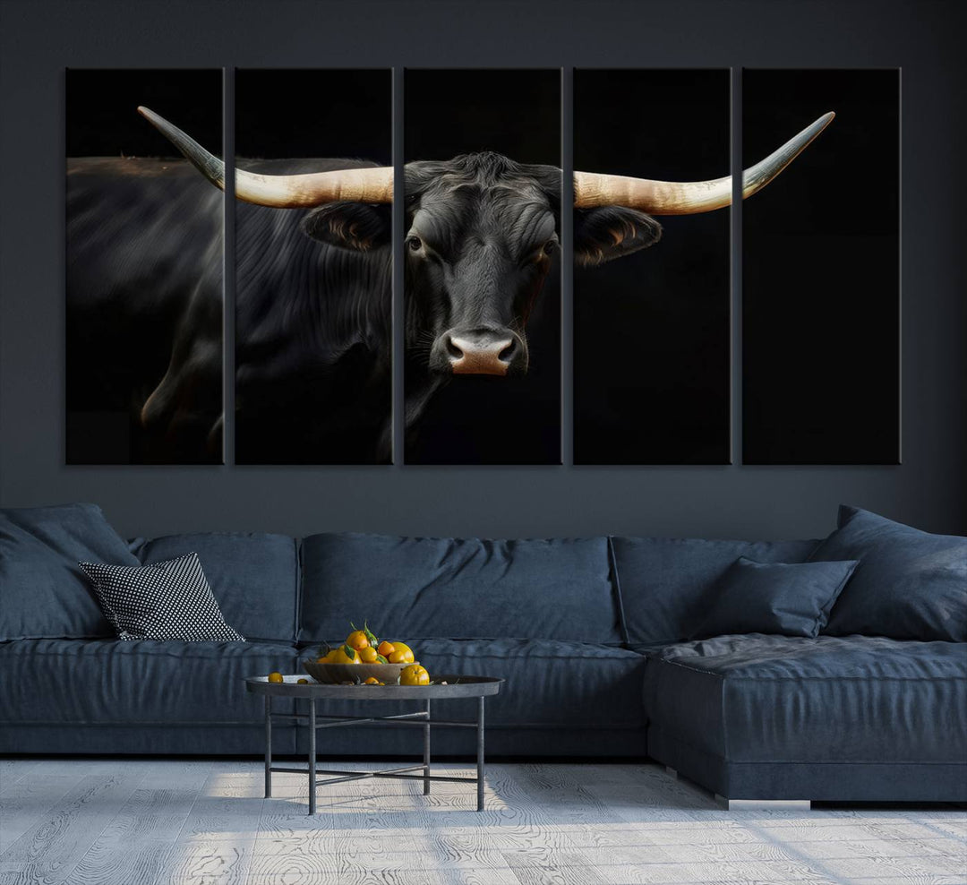 Texas Longhorn Cow | Majestic Black Bull Wall Art Canvas Print - Farmhouse Animal Decor - Ready to Hang