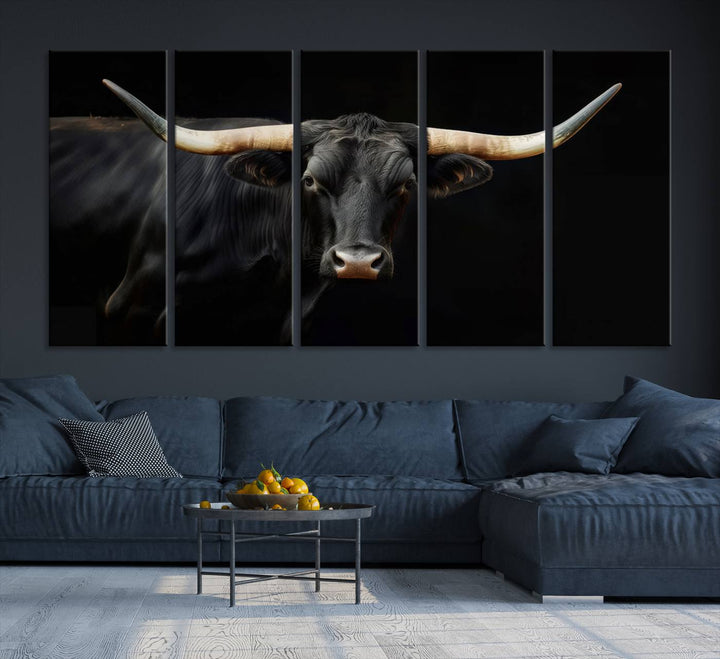 Texas Longhorn Cow | Majestic Black Bull Wall Art Canvas Print - Farmhouse Animal Decor - Ready to Hang