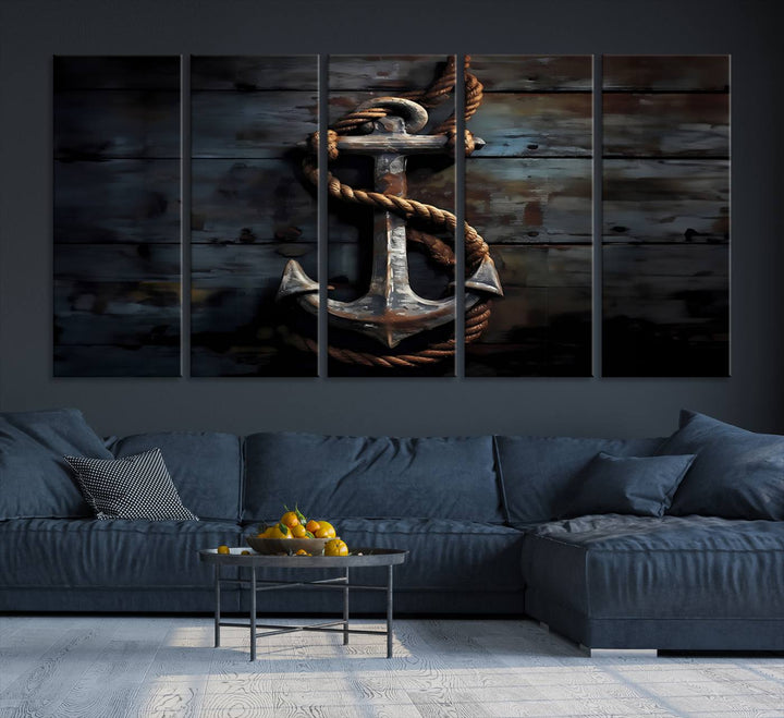 The wooden wall displays a 3 Panel Grunge Abstract Anchor Wall Art Canvas Print Set.