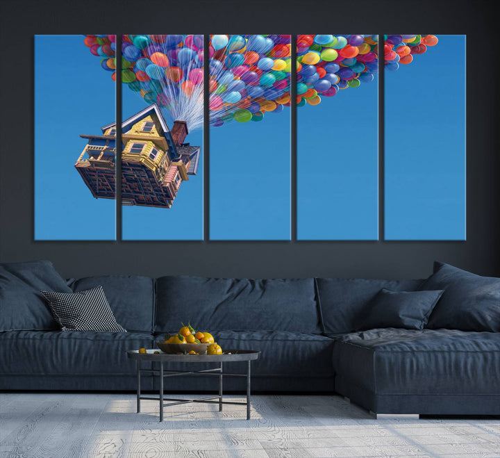 The "Carl Fredricksen, Up Movie Wall Art" features a three-panel design with a house lifted by colorful balloons, adding whimsical decor to any space.