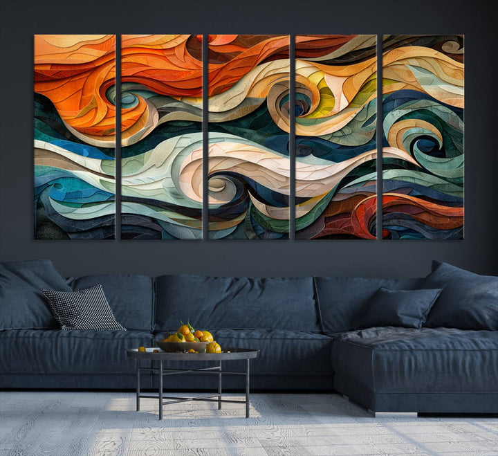 Abstract Wave Wall Art is a ready-to-hang framed canvas print featuring swirling orange, blue, and white patterns. It's perfect for adding vibrant decor to modern spaces.