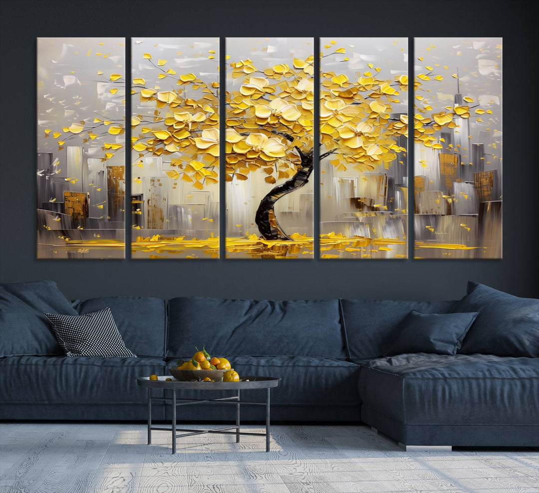 A framed canvas print from the "Golden Tree Canvas Print | Abstract Wall Art for Modern Homes | Ready to Hang Framed Artwork" collection hangs elegantly against the dark wall, epitomizing exquisite abstract wall art.