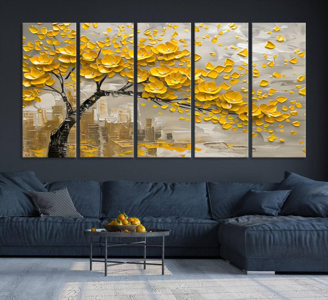 Yellow Blossom Tree Canvas Wall Art, featuring a floral abstract modern design, is elegantly displayed against a dark wall. This sophisticated piece enhances the contemporary aesthetic of the space.