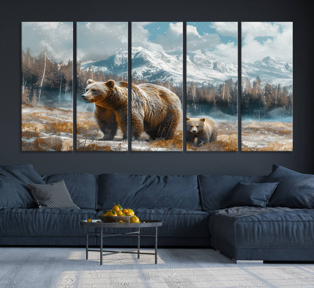 The modern living room features a Bear and Baby Bear Wall Art Canvas Print depicting a snowy mountain landscape, making it a stunning visual piece and a meaningful gift idea.