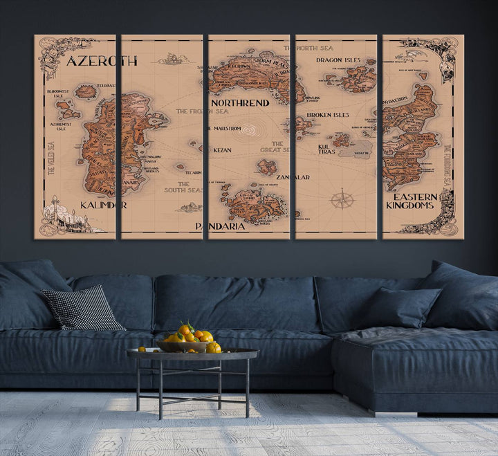 The Vintage Azeroth World Map Canvas Print, a stunning three-piece set, enhances the space with its vintage charm, perfectly complementing your gaming decor.