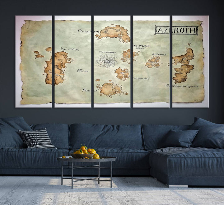 The Azeroth World Map Wall Art Canvas Print, a three-panel vintage piece, brings a cozy fantasy gaming atmosphere to the room.