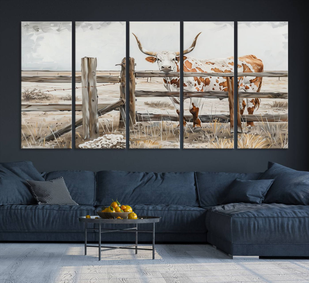 The Abstract Longhorn Cow Wall Art, a ready-to-hang framed canvas print, adds rustic charm and perfectly captures the essence of rural elegance.