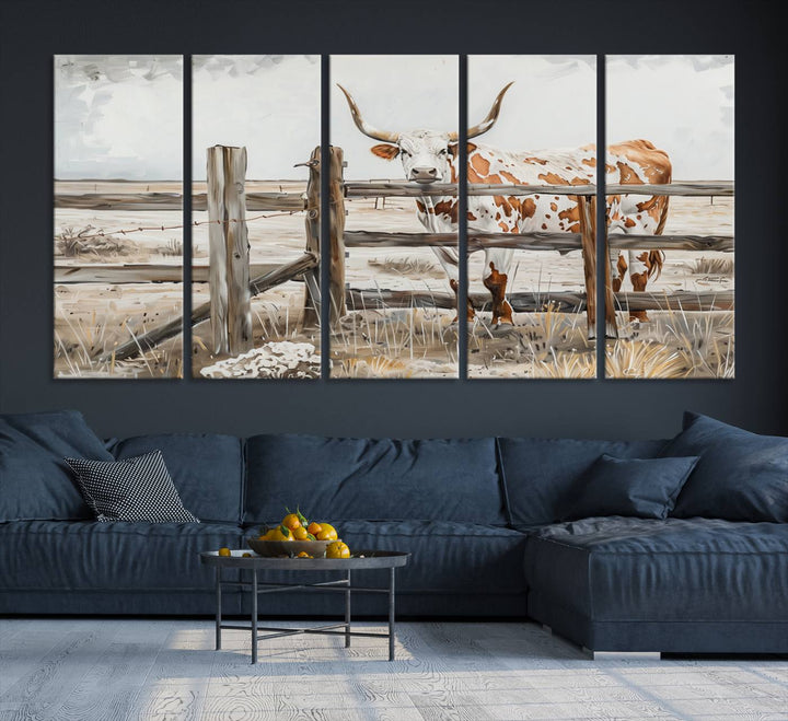 The Abstract Longhorn Cow Wall Art, a ready-to-hang framed canvas print, adds rustic charm and perfectly captures the essence of rural elegance.