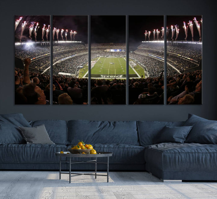 The living room features a spectacular Philadelphia Eagles Football Team Print. This wall art canvas print of Lincoln Financial Field at night captures a Philadelphia Eagles game under the dazzling brilliance of fireworks, making it an eye-catching centerpiece.