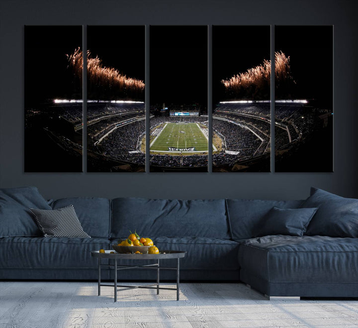 A stunning triptych wall art featuring the Philadelphia Eagles Football Team Print, capturing Lincoln Financial Field with spectacular fireworks.