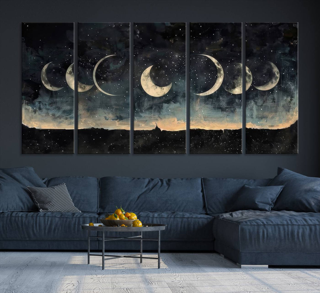 The "Phases of the Moon Wall Art," a framed canvas series capturing the celestial beauty of lunar cycles against a starry night, adds an elegant touch to the contemporary dining room.