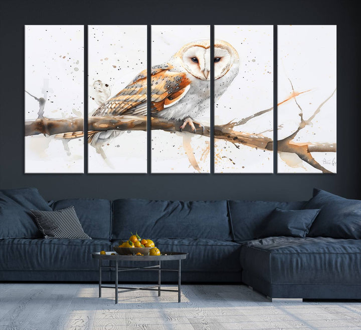 Introduce the tranquility of nature into your home with this stunning canvas print, featuring a Barn Owl on a branch. This triptych wall art, ready to hang and elegantly framed, is perfect for nature lovers seeking serene decor pieces.