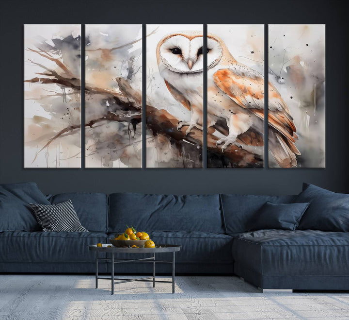 The Barn Owl Wall Art, a watercolor canvas print, elegantly adorns the wall in a modern living room, seamlessly merging farmhouse wall decor with contemporary style.