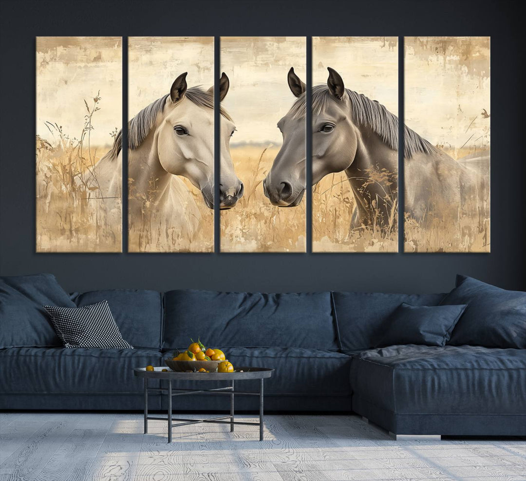 The "Chinese Ink Style Grunge Horses Wall Art Canvas Print," featuring two horses in a field, hangs prominently, highlighting its museum-quality canvas and high-resolution printing.