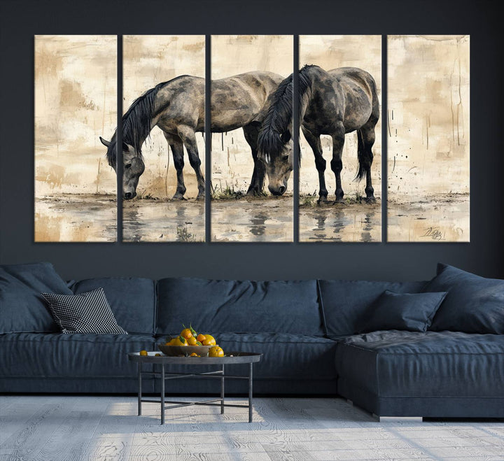 Chines Ink Style Black Horses Wall Art Canvas Print features a triptych painting of two horses drinking at the water's edge.