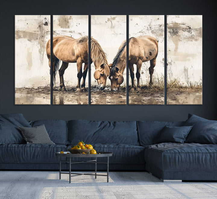 The Vintage Horses Wall Art, a ready-to-hang and framed triptych, beautifully captures two horses gracefully grazing. It perfectly complements the rustic charm of western farmhouse wall decor.