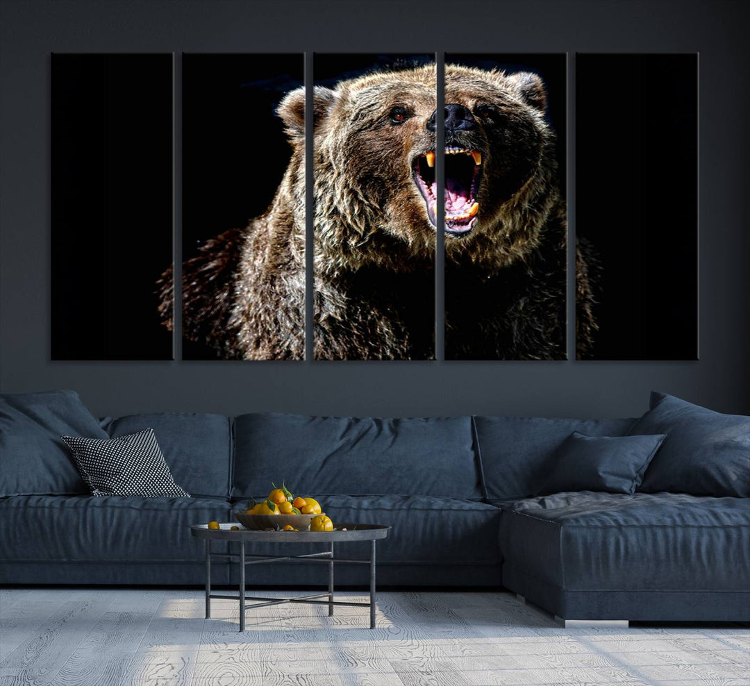 The Grizzly Bear Canvas Print, featuring wildlife wall art on a black background, is ready to hang and is perfect for rustic cabin decor.