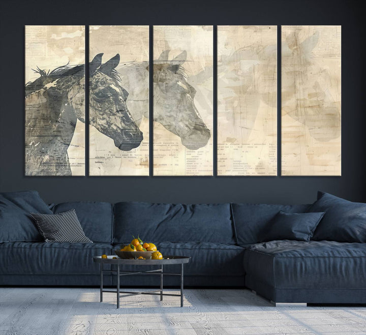 The Abstract Horse Canvas Print, part of the Modern Farmhouse Wall Art collection and ready to hang with its framed design, enhances the decor when displayed as a three-panel set on a dark wall.