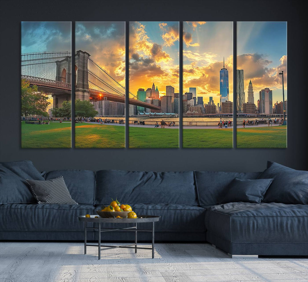 The "Brooklyn Bridge New York Skyline Wall Art" is a ready-to-hang framed canvas print that beautifully captures the cityscape at sunset, showcasing the iconic Brooklyn Bridge and majestic skyscrapers.