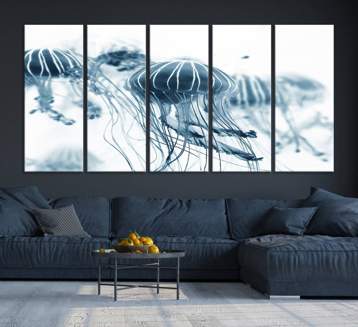 The Abstract Jellyfish Wall Art Canvas Print, a three-panel piece featuring high-resolution printing, hangs elegantly in the room, adding vibrant detail to the space.