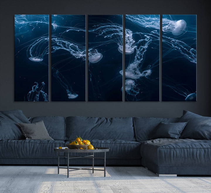 Room with modern decor, featuring the Abstract Jellyfish in Ocean Wall Art Canvas Print on museum-quality canvas.