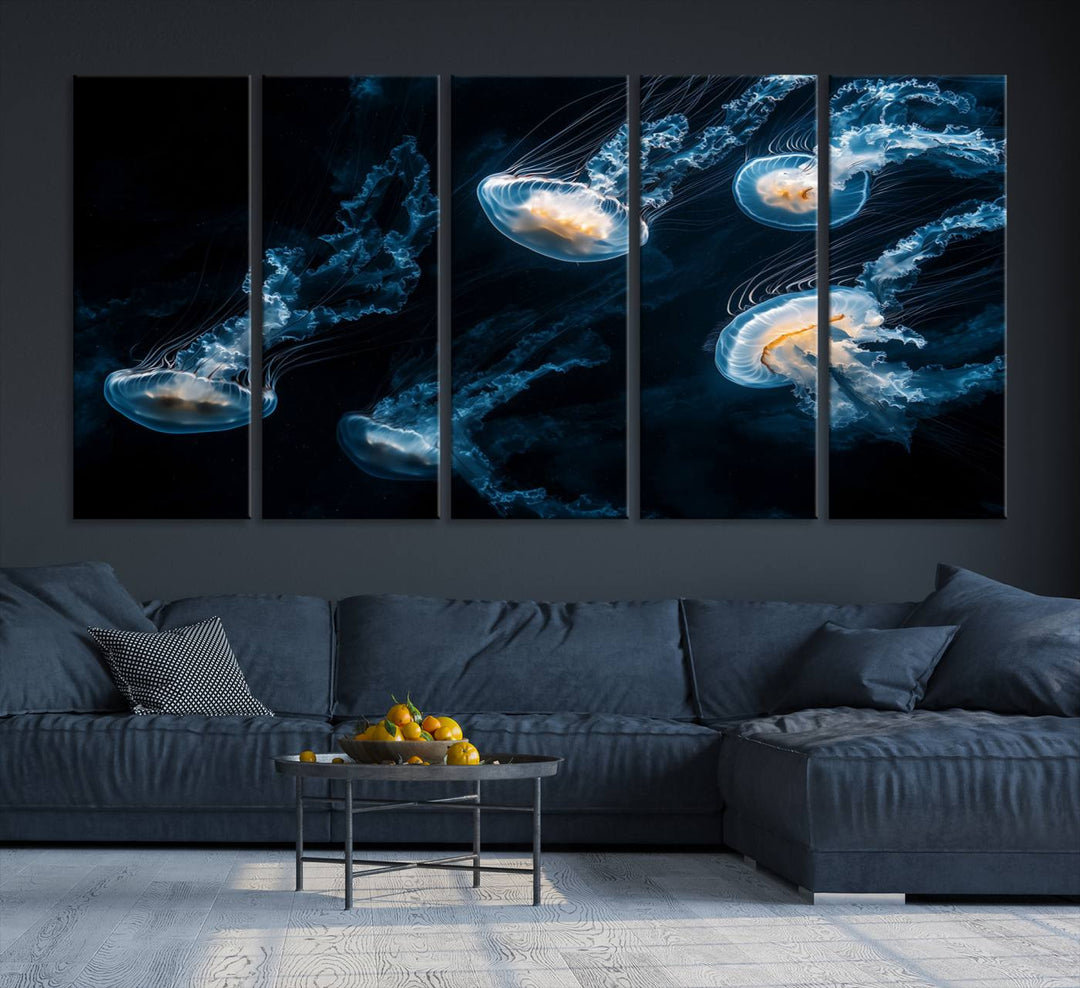 The "Jellyfish Wall Art Canvas Print," featuring a sea-themed design of glowing jellyfish, is displayed in high-resolution on museum-quality canvas.