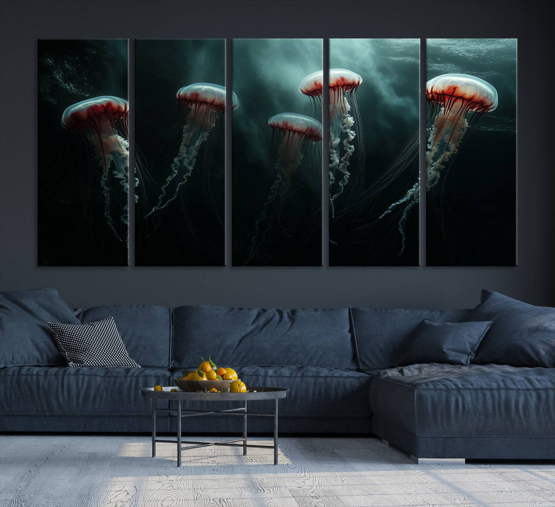 The Abstract Jellyfish Wall Art Canvas Print, framed in the USA and showcased on museum-quality canvas with high-resolution printing, adds a decorative touch to the space.