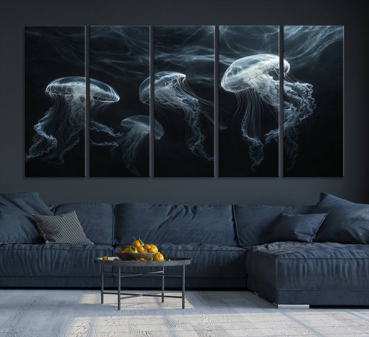 The Jellyfish Wall Art Canvas Print features glowing jellyfish in vibrant colors on museum-quality canvas.