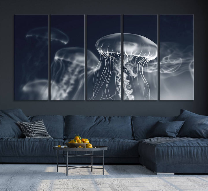 A stunning Jellyfish Wall Art Canvas Print showcases museum-quality canvas through high-resolution printing.