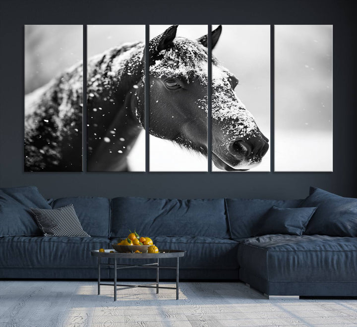 A set of Winter Horse Snow Wall Art Canvas Prints hangs, creating the perfect touch of Rustic Cabin Decor.