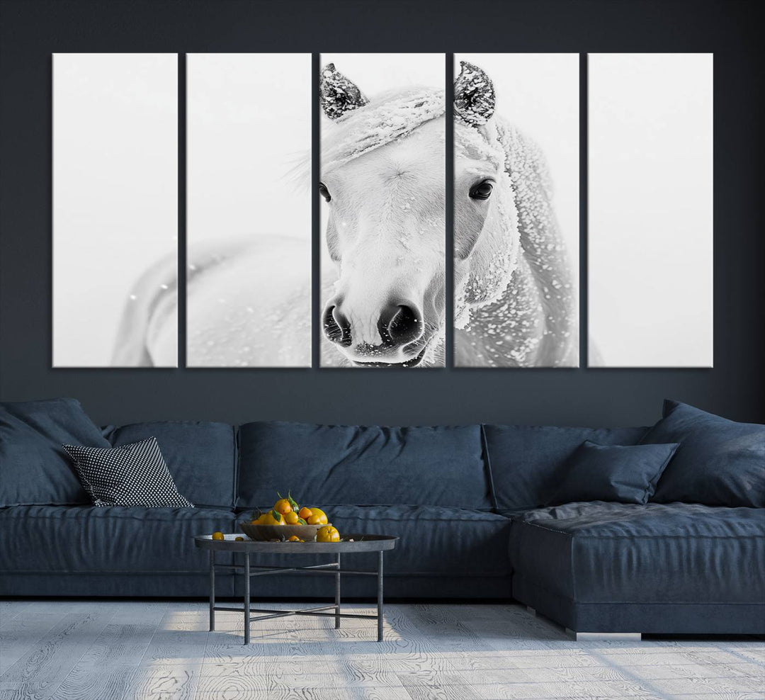 The dining room features the Majestic White Horse Wall Art, adding to its rustic charm.