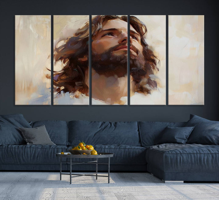 The "Jesus Christ Portrait Wall Art," a ready-to-hang and framed canvas print, features a bearded man with long hair looking upward, creating an inspirational spiritual atmosphere.