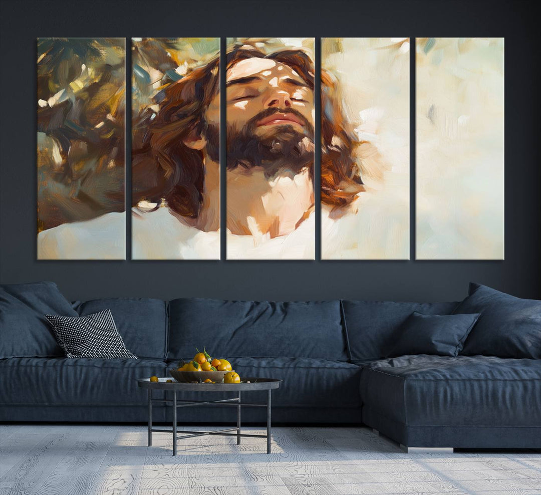 The Jesus Portrait Wall Art Canvas Print features a depiction of Jesus Christ with closed eyes, basking in sunlight. His expression exudes a peaceful, spiritual atmosphere against a blurred background.