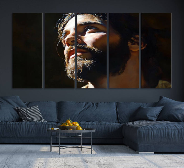 The Jesus Portrait Wall Art Canvas Print features a thoughtful depiction of Jesus Christ in an oil painting style, adding an inspirational religious touch to the decor.