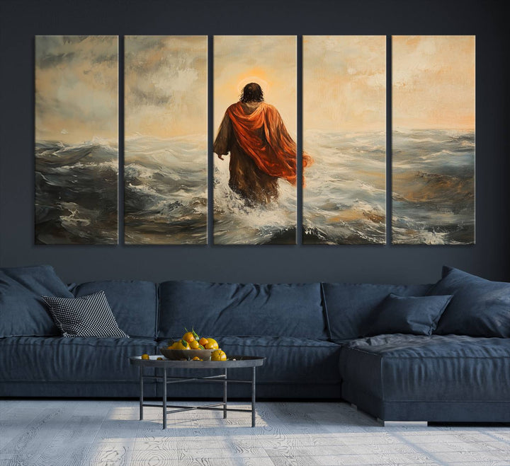 This triptych wall art, titled "Jesus Walking on Water," presents a figure in a red cloak crossing turbulent seas. It is perfect for those looking for religious home decor with a contemporary flair.