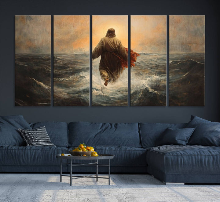 A modern living room is adorned with a triptych titled "Jesus Walking on Water, Christian Wall Art, Jesus Christ Walking on Oil Painting Style Print." The artwork, presented on museum-quality canvas, showcases vibrant colors and exquisite detail.