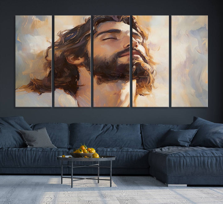 This museum-quality canvas print, titled "Jesus Portrait," features an oil painting style depiction of Jesus Christ with a closed-eyed expression. The high-resolution printing captures every detail beautifully.