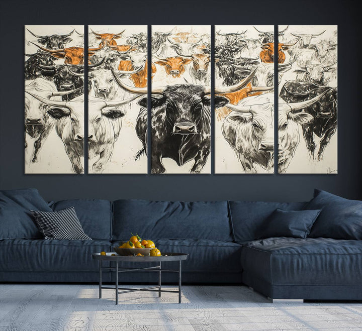 This exquisite farmhouse wall art, titled "Western Longhorn Cattle Canvas Print," showcases a majestic herd of longhorn cattle in a three-panel design. This ready-to-hang and framed barn decor infuses your space with rustic charm.