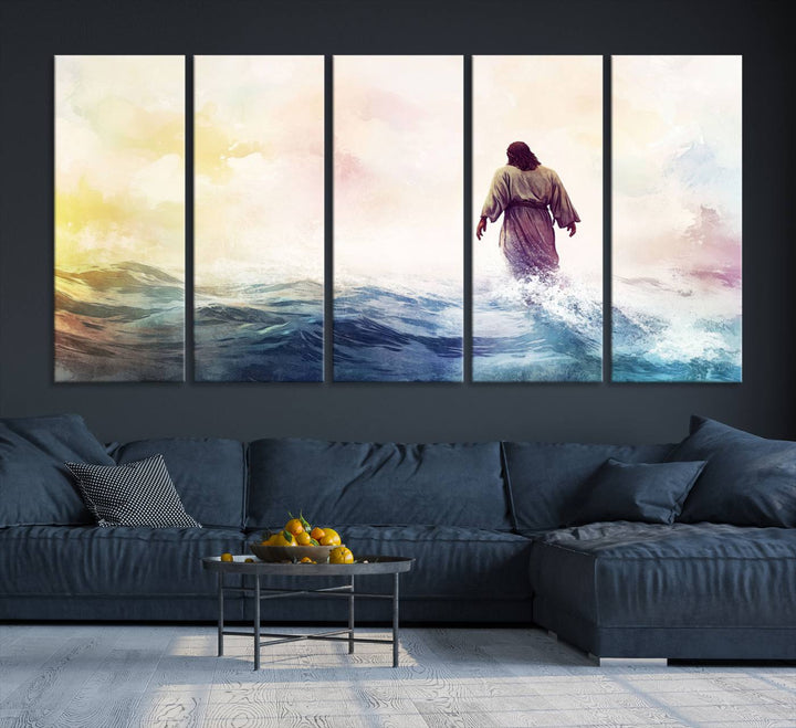 Watercolor Jesus Walking on Water Canvas Print, Christian Wall Art, Jesus Christ Walking