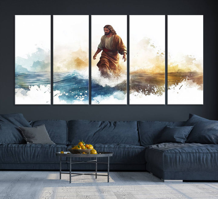 Watercolor Jesus Walking on Water Canvas Print, Christian Wall Art, Jesus Christ Walking