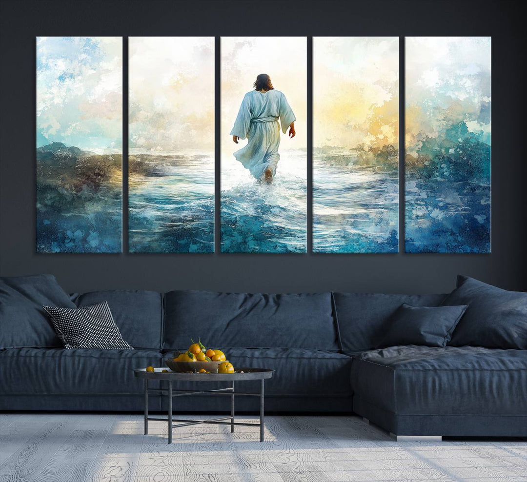 Watercolor Jesus Walking on Water Canvas Print, Christian Wall Art, Jesus Christ Walking