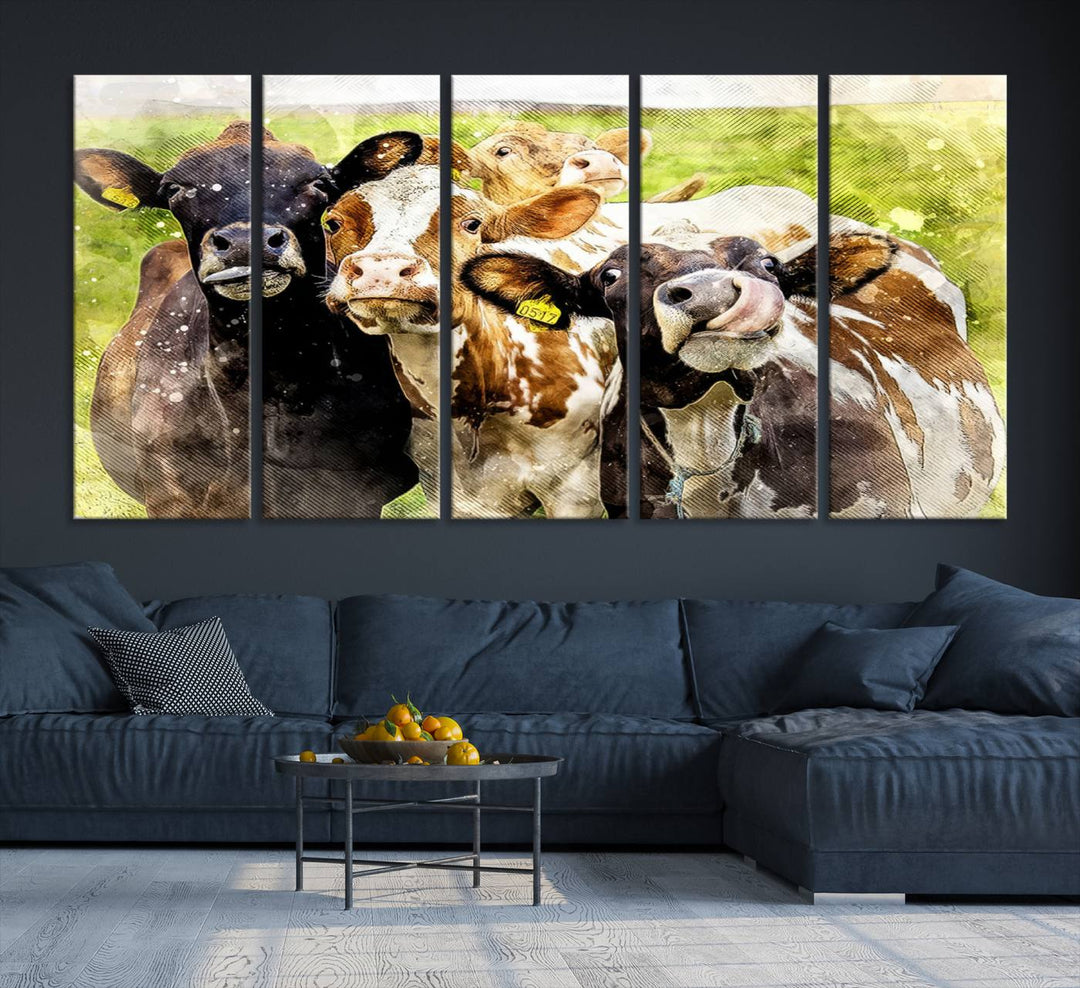 A charming triptych featuring the "Curious Cows Farmhouse Wall Art," a ready-to-hang and framed canvas print, adds a touch of rustic farm decor to the space.